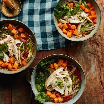 Nourishing chicken broth with noodles