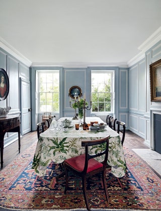 Benjamin Moores ‘Light Blue was chosen for the original panelling of the dining room in Samantha Todhunter's vicarage....